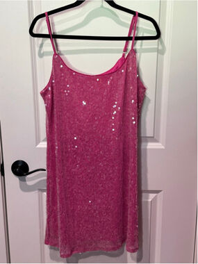 Women's bar III Pink Sequin Spaghetti Strap Lined Mini Dress L